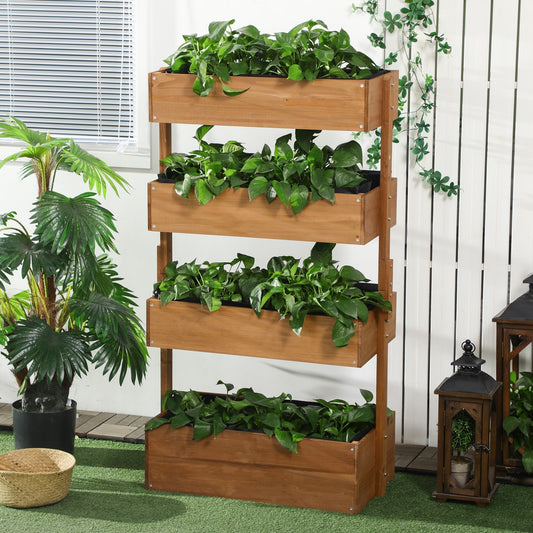 Four-tier wooden planter filled with green plants in a garden setting