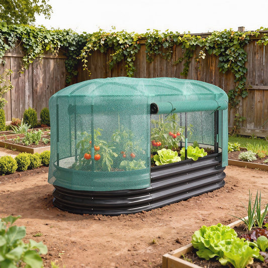 The galvanised raised garden bed kit with self watering system and mesh cover, full of plants