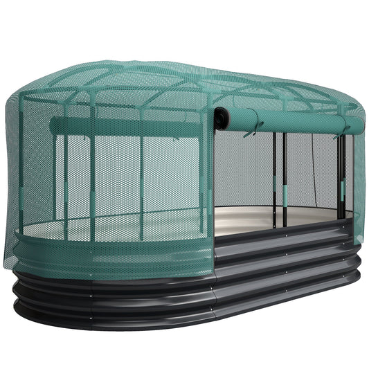 Outsunny Galvanised Raised Garden Bed Kit with mesh cover and self watering system, dark grey and green