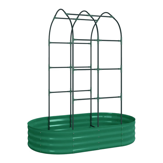 Outsunny Galvanised Raised Garden Bed with Arched Trellis, a green metal planter with a tall arched frame