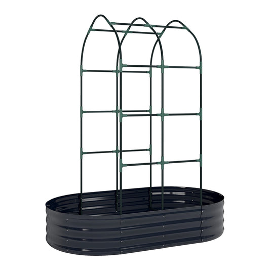 Outsunny Galvanised Raised Garden Bed with Arched Trellis, a dark grey metal planter with a green trellis structure