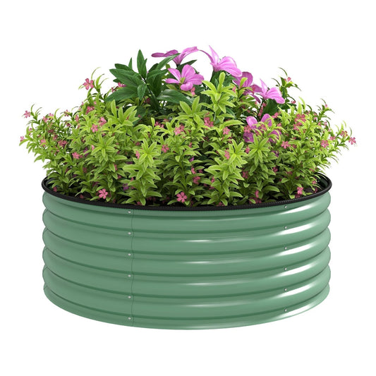 Outsunny Galvanised Raised Garden Bed with Safety Edging filled with green plants and pink flowers