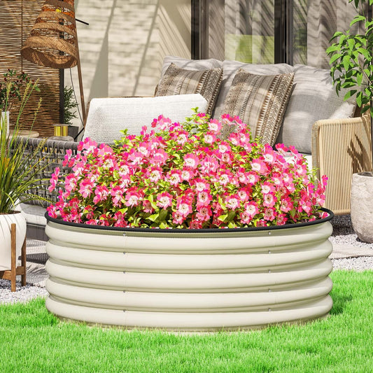 The galvanised raised garden bed in a garden setting with plants