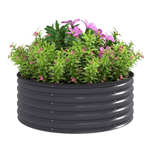 Outsunny Galvanised Raised Garden Bed with Safety Edging filled with lush green plants and pink flowers