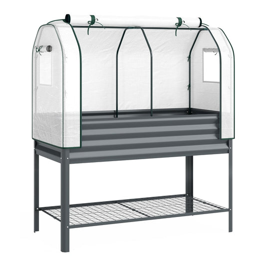 Outsunny Galvanised Raised Planter with Greenhouse Cover, a metal raised garden bed on legs with a bottom shelf and a clear