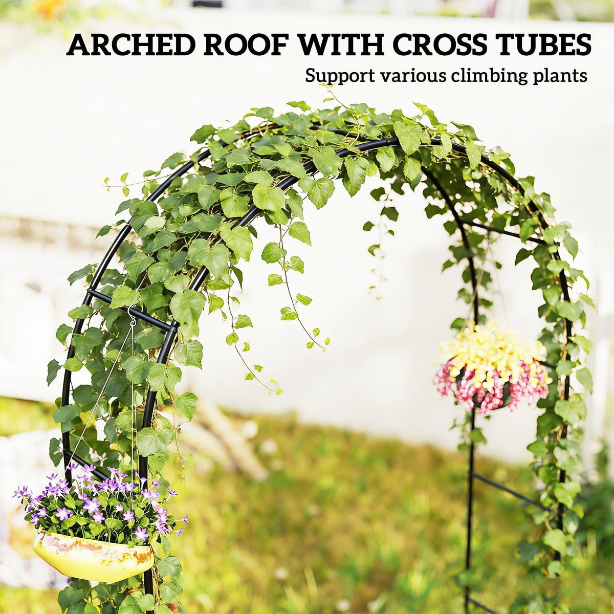 Close-up of the top of the garden arch, showing climbing plants and hanging baskets