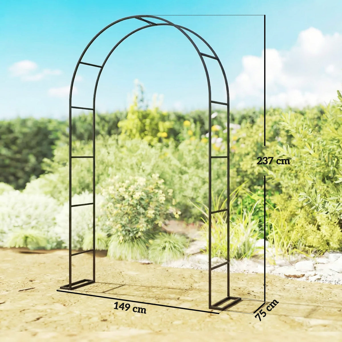 A black metal garden arch with dimensions indicated, set against a blurred outdoor background