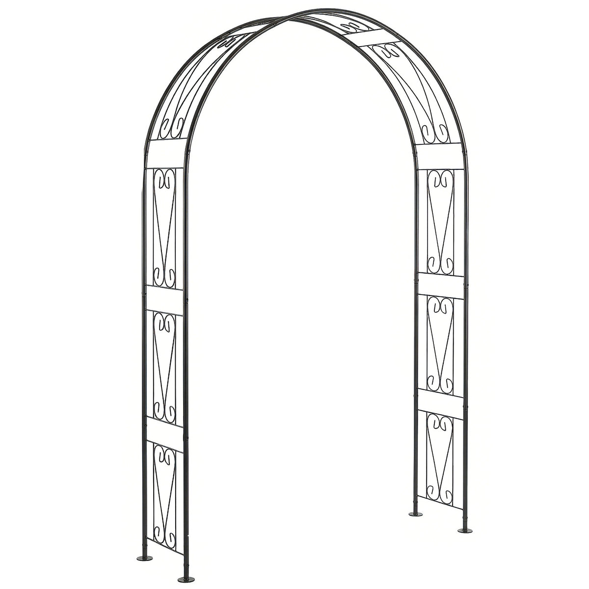 Outsunny Garden Arch, a black metal structure with decorative scrollwork, standing on four legs