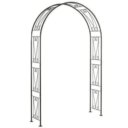 Outsunny Garden Arch, a black metal structure with decorative scrollwork, standing on four legs
