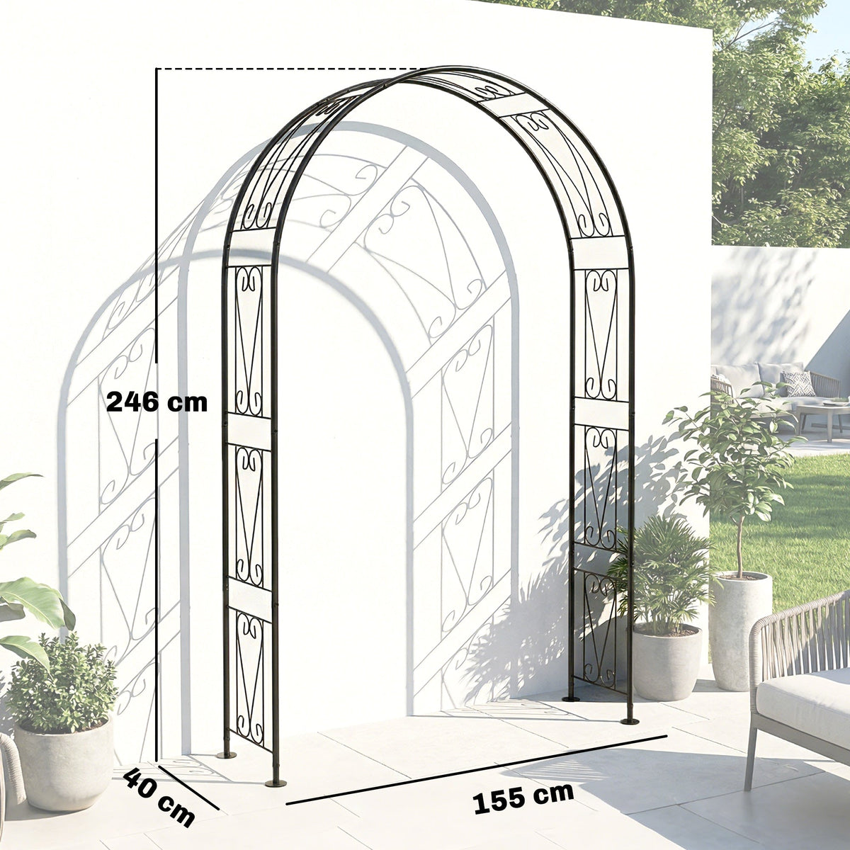 A black metal garden arch with dimensions 155 cm wide and 246 cm high shown against a white wall