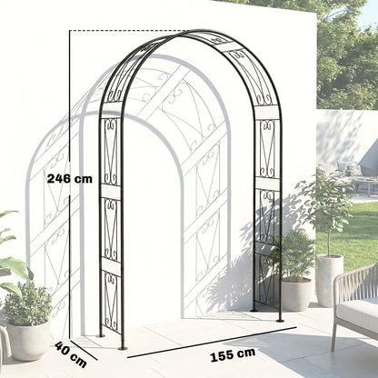 A black metal garden arch with dimensions 155 cm wide and 246 cm high shown against a white wall