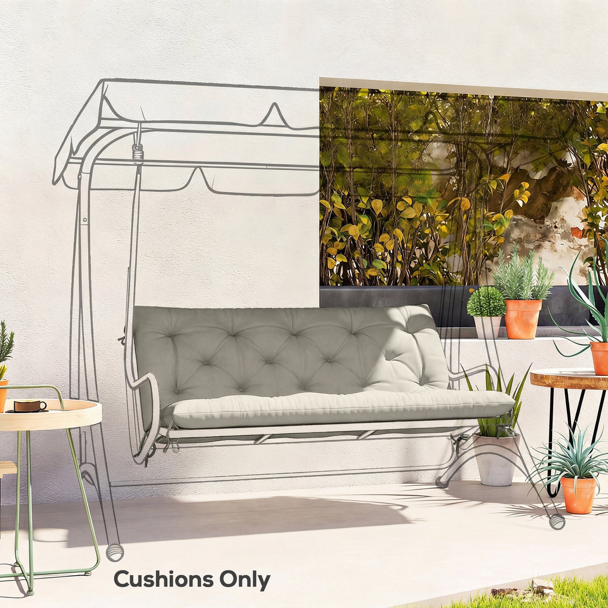 the tufted garden bench cushion placed on a line drawing of a swing chair on a patio