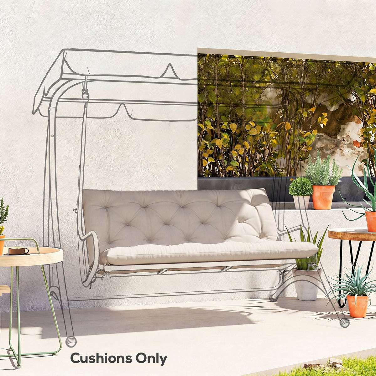 The garden bench cushion placed on a swing frame outline in a sunny outdoor patio setting
