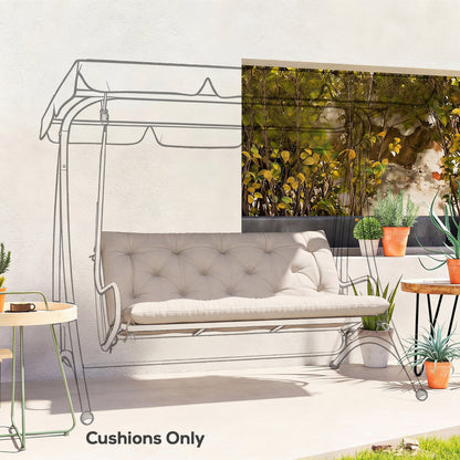 The garden bench cushion placed on a swing frame outline in a sunny outdoor patio setting