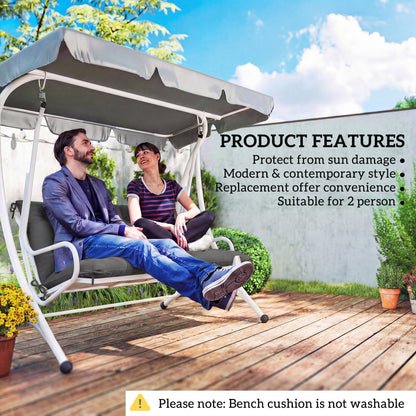 A couple sitting on a garden swing chair with the black cushion