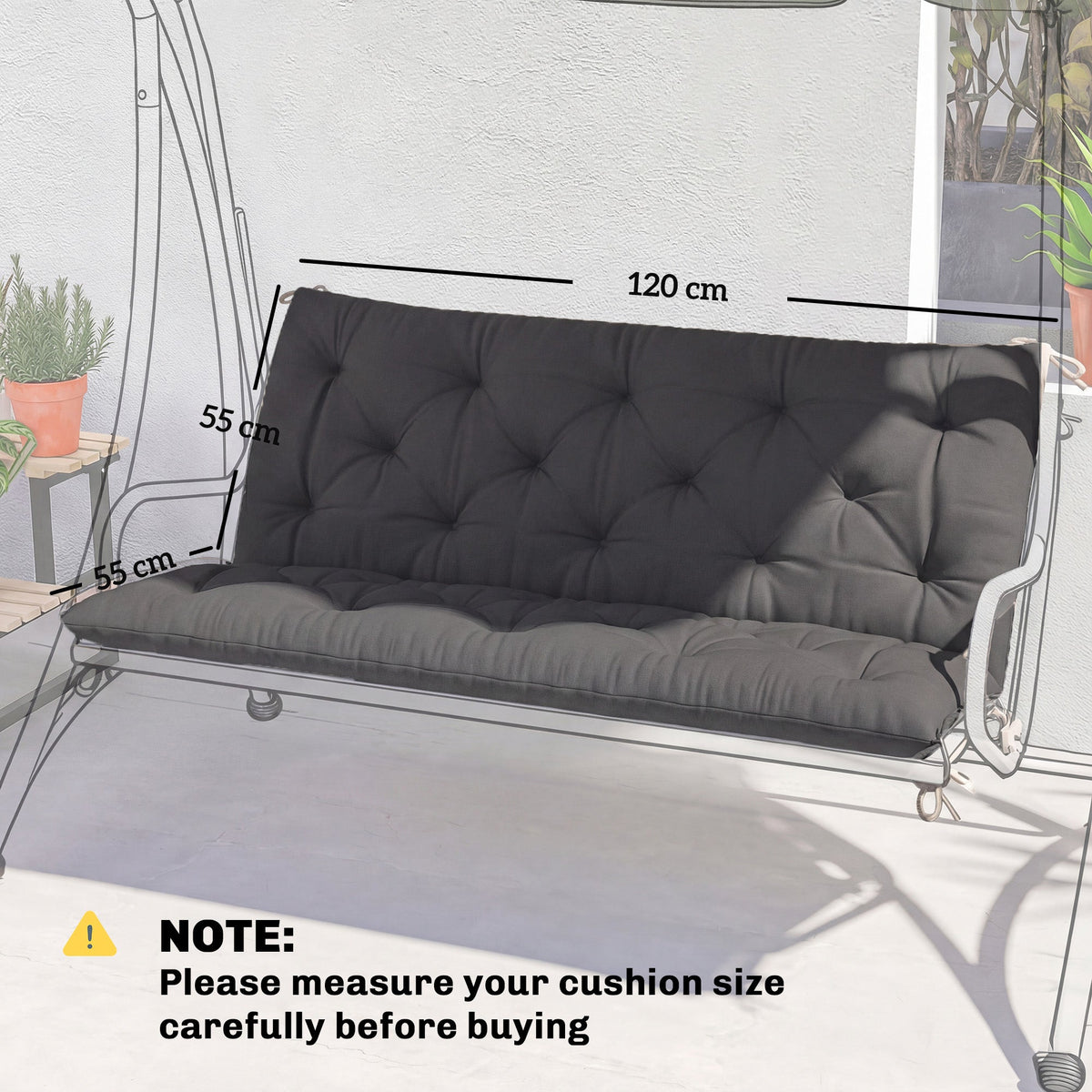 A diagram showing the dimensions of the black garden bench cushion