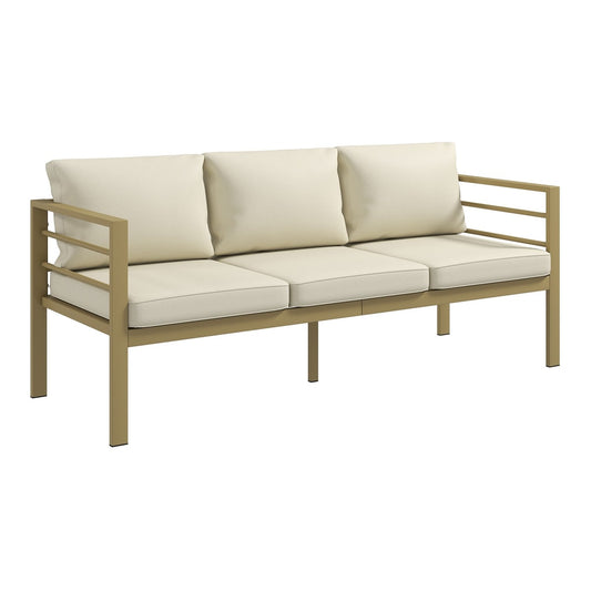 Outsunny Garden Bench with Cushions, a three-seater sofa with cream white cushions and a light gold metal frame