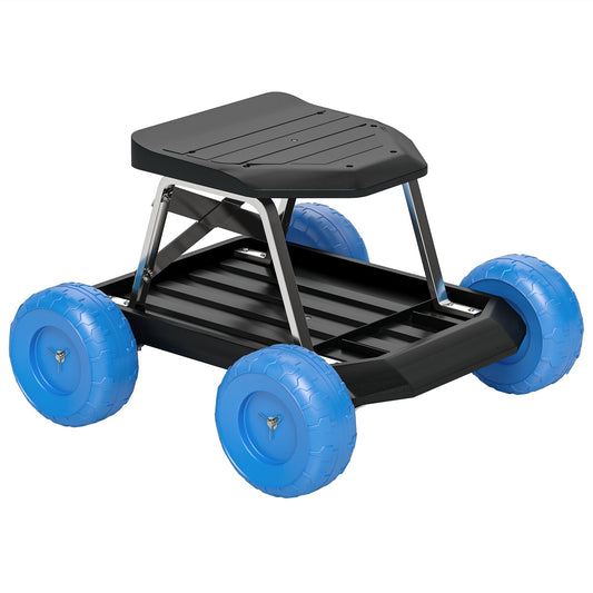 Outsunny Garden Storage Cart with a black seat and four bright blue wheels on a white background
