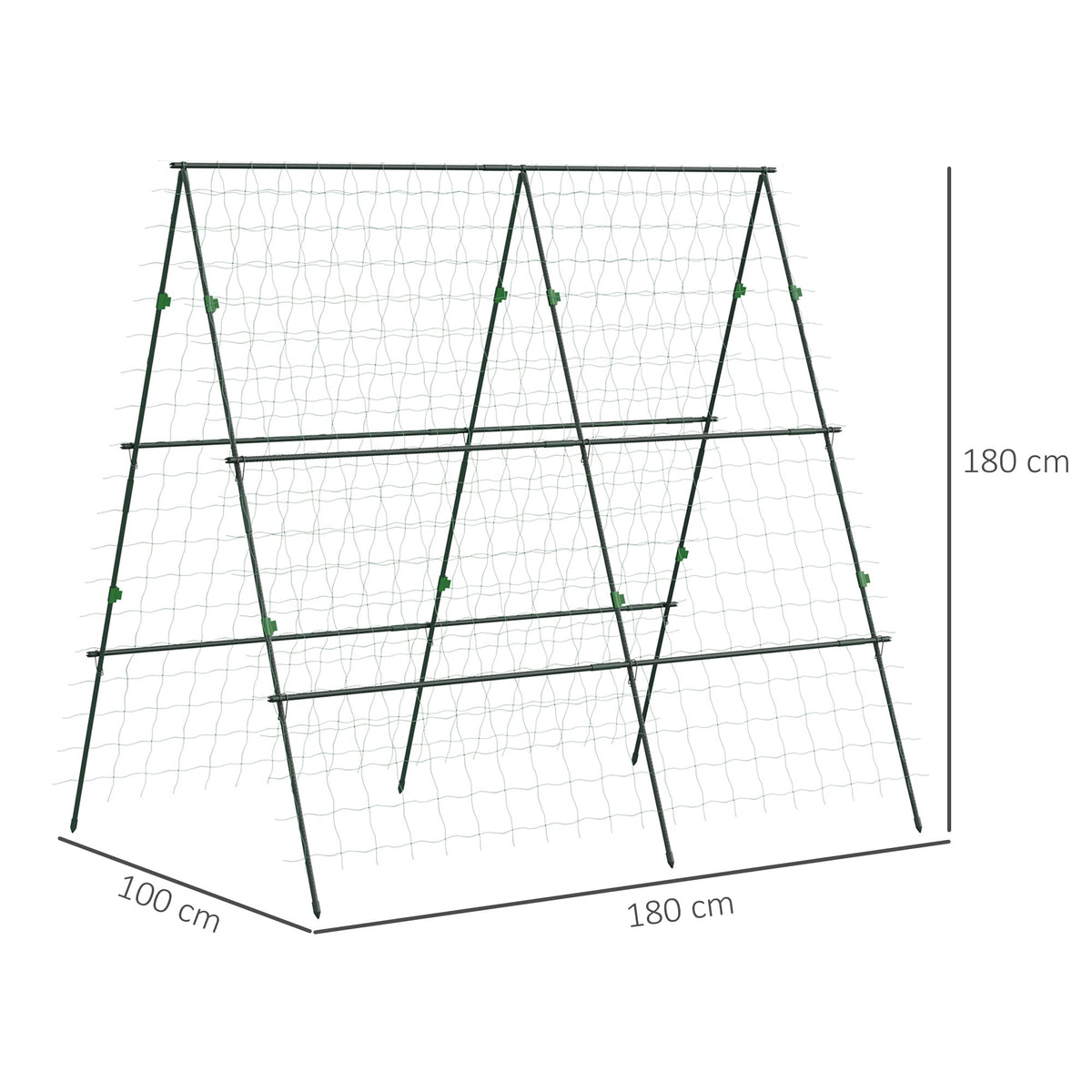The A-frame garden fence with white netting and black poles on a white background