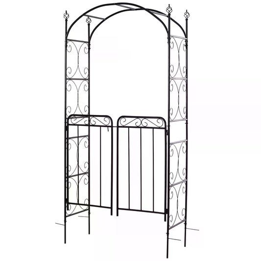 Outsunny Garden Decorative Metal Arch with gate, a black metal structure with ornate scrollwork and a peaked top