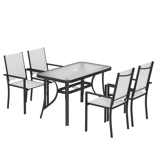 Outsunny Garden Dining Set for 4 with Umbrella Hole, light grey chairs and glass-top table