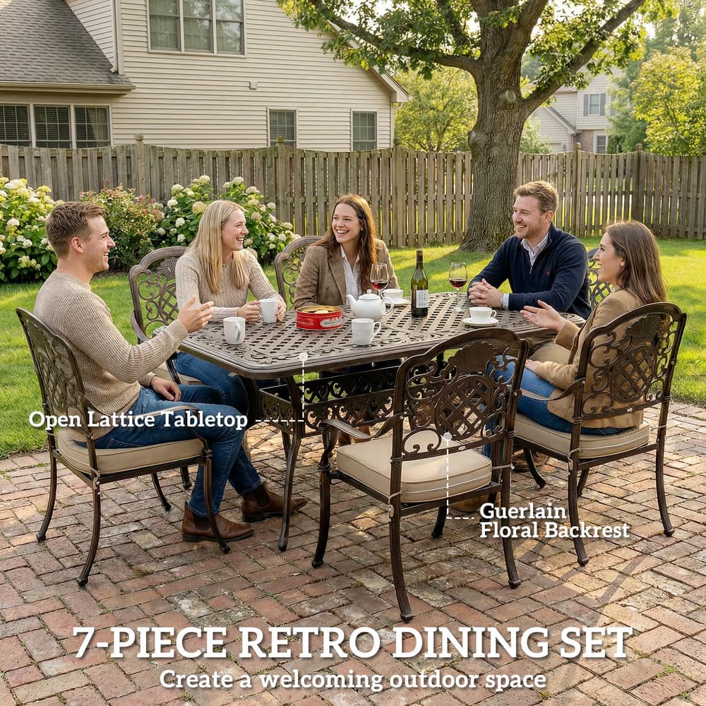 The garden dining set in use by a group of people sitting around the table outdoors