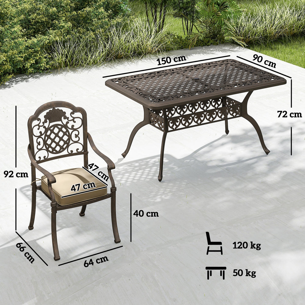 The garden dining set showing dimensions for the table and chair with weight limits