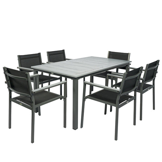 Outsunny Garden Dining Set with Acacia Wood Table Top, a grey table with six chairs around it