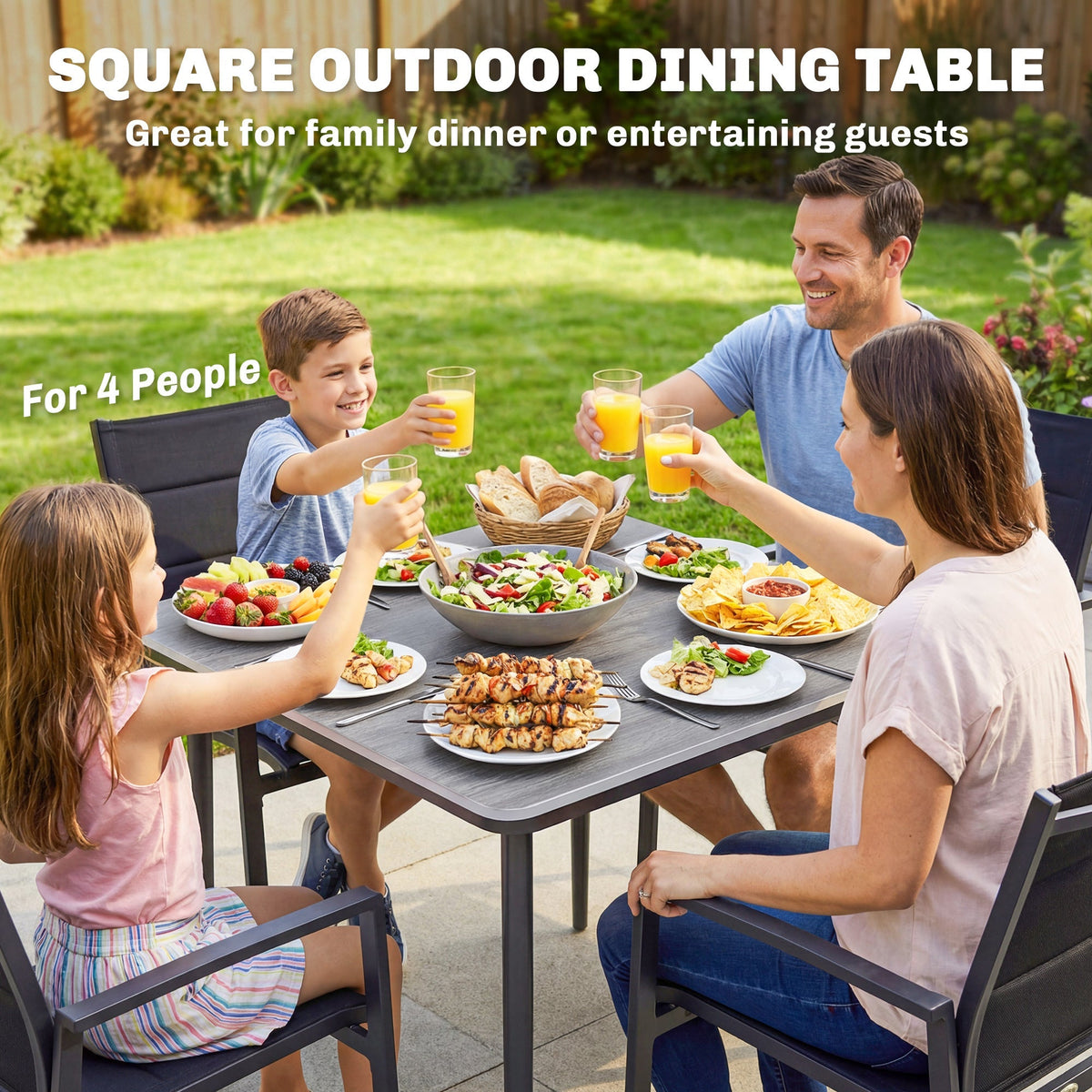 A family enjoying a meal at the square outdoor dining table