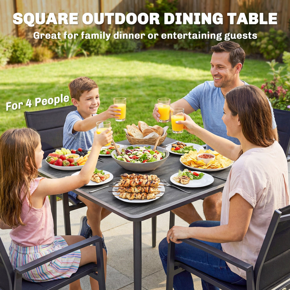The garden table in use by a family eating a meal outdoors on a sunny day
