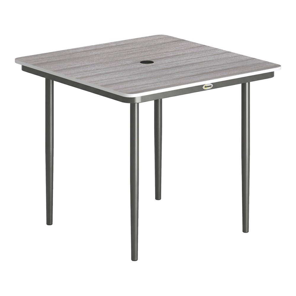 Outsunny Garden Dining Table for 4, a square outdoor table with a faux wood top and dark metal legs