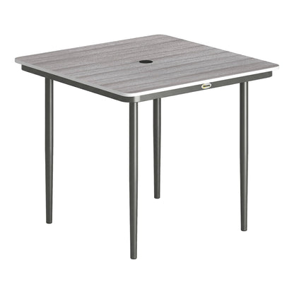 Outsunny Garden Dining Table for 4, a square outdoor table with a faux wood top and dark metal legs