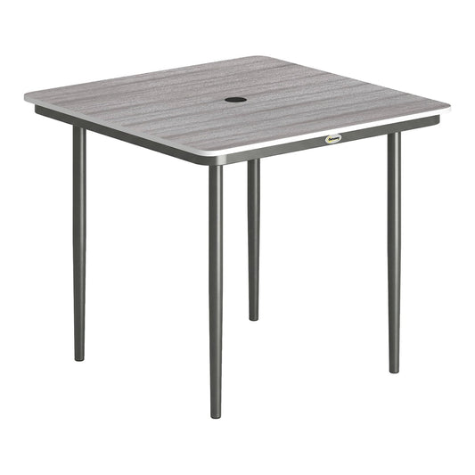 Outsunny Garden Dining Table for 4, a square outdoor table with a faux wood top and dark metal legs