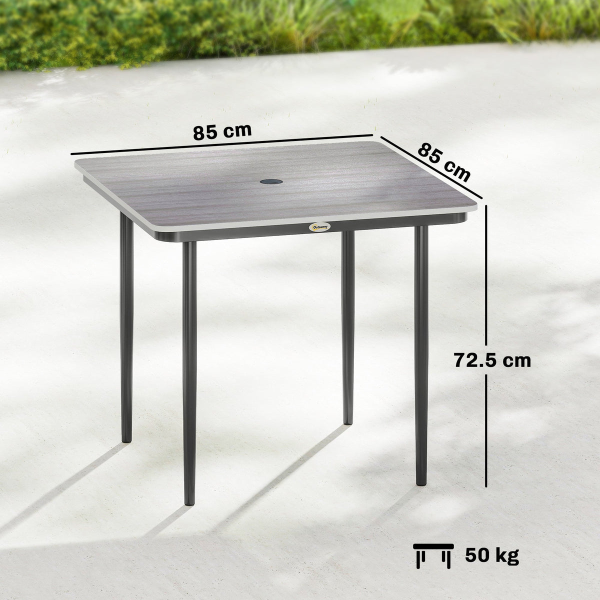 The square garden table with dimensions shown