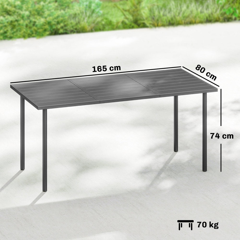 A grey rectangular garden dining table with dimensions shown
