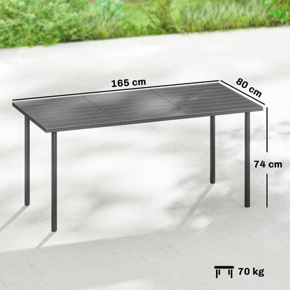 A grey rectangular garden dining table with dimensions shown