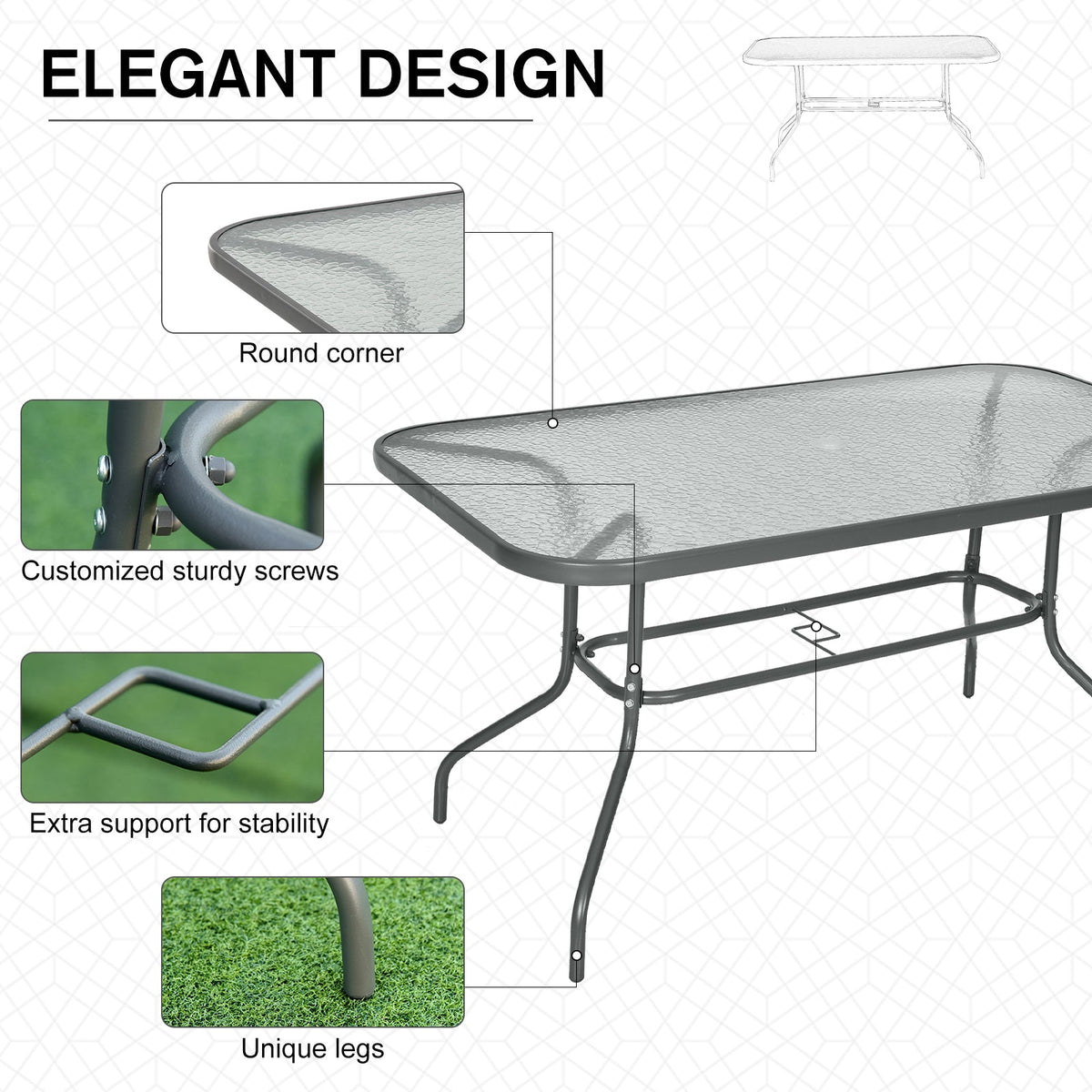 The garden table showing close-up details of the corner, screws, support frame and legs