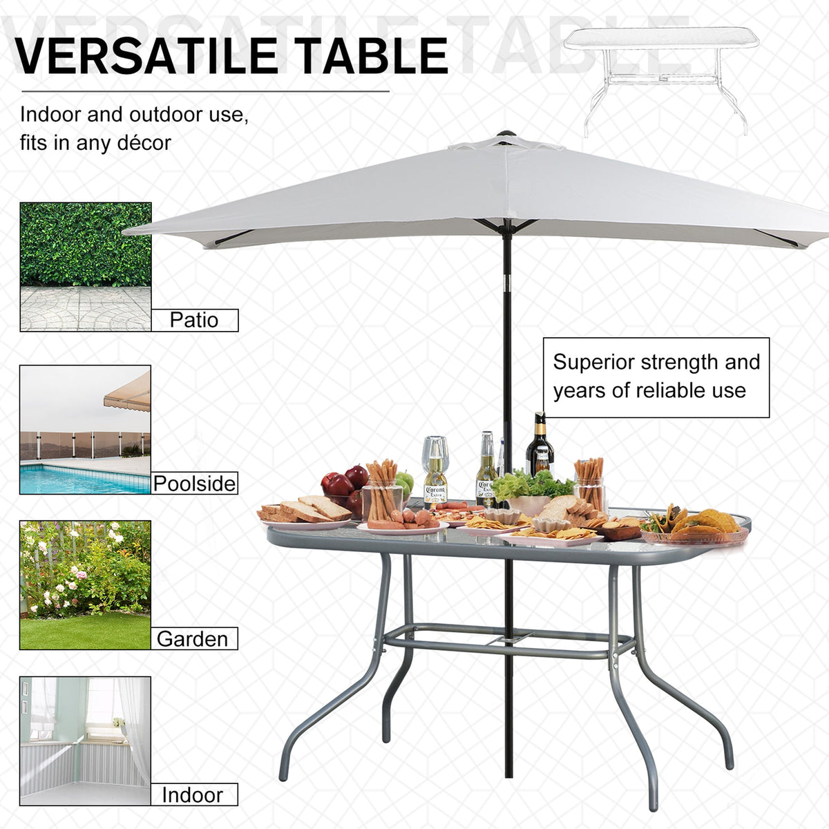 The garden table featuring a large parasol and food set for an outdoor dining scene