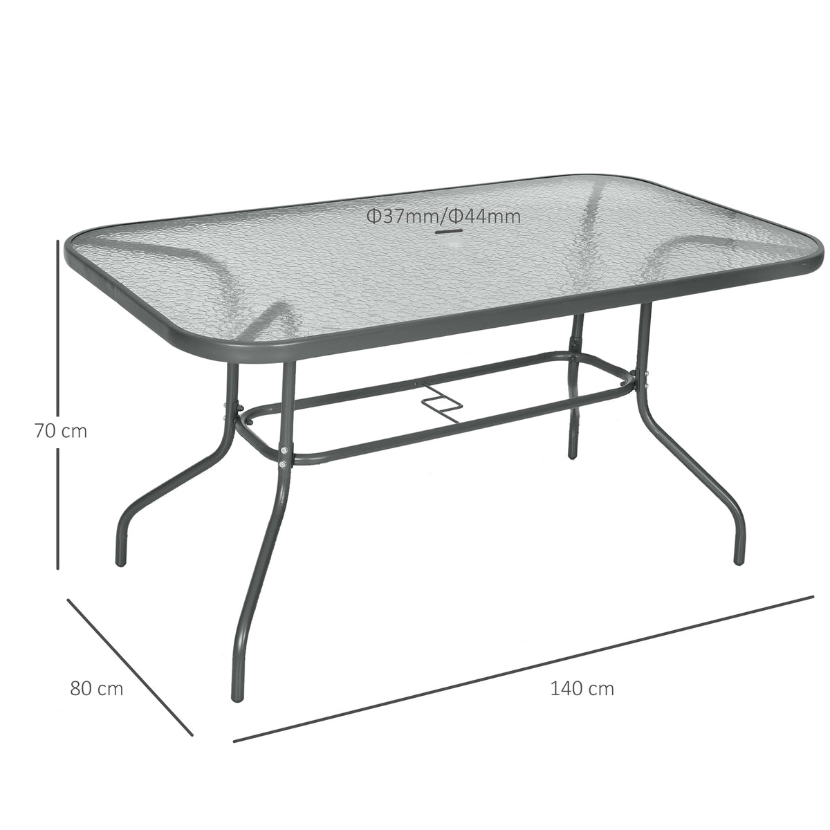 The garden table with lines and text indicating its dimensions and parasol hole size