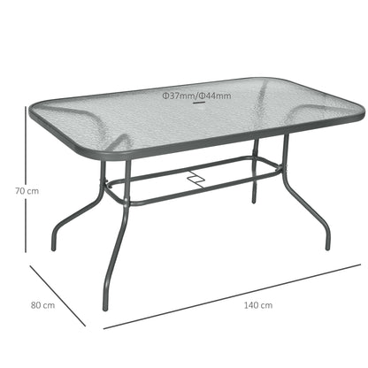 The garden table with lines and text indicating its dimensions and parasol hole size