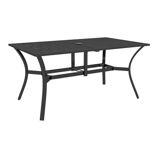 Outsunny Garden Dining Table with Parasol Hole, a black metal table with a slatted top and curved legs