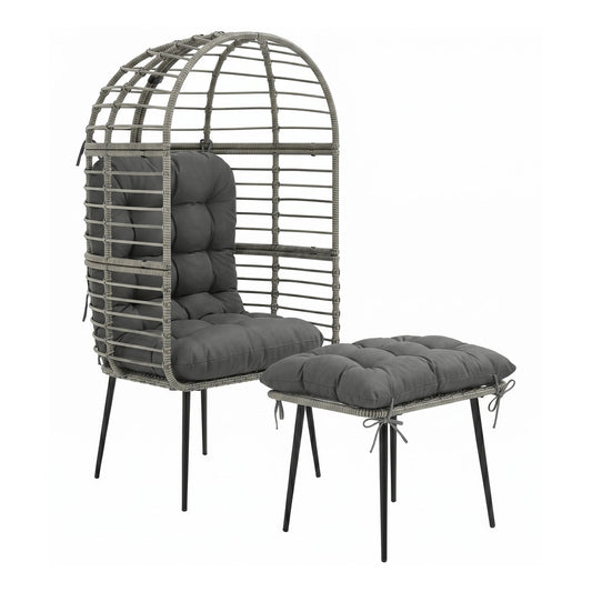 Outsunny Garden Egg Chair with Footstool, a grey rattan chair with a matching ottoman on a neutral rug