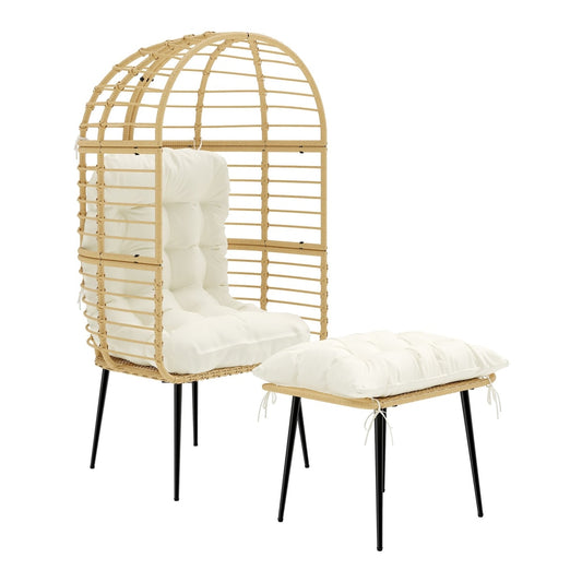 Outsunny Garden Egg Chair with Footstool, a rattan chair with a beige cushion and a matching footstool on black legs