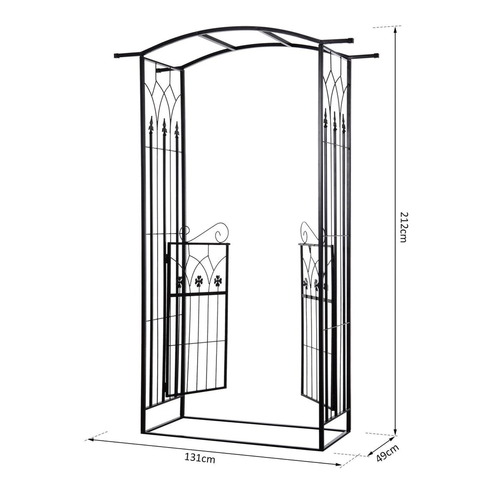 The metal garden arch showing the overall dimensions with arrows indicating height and width