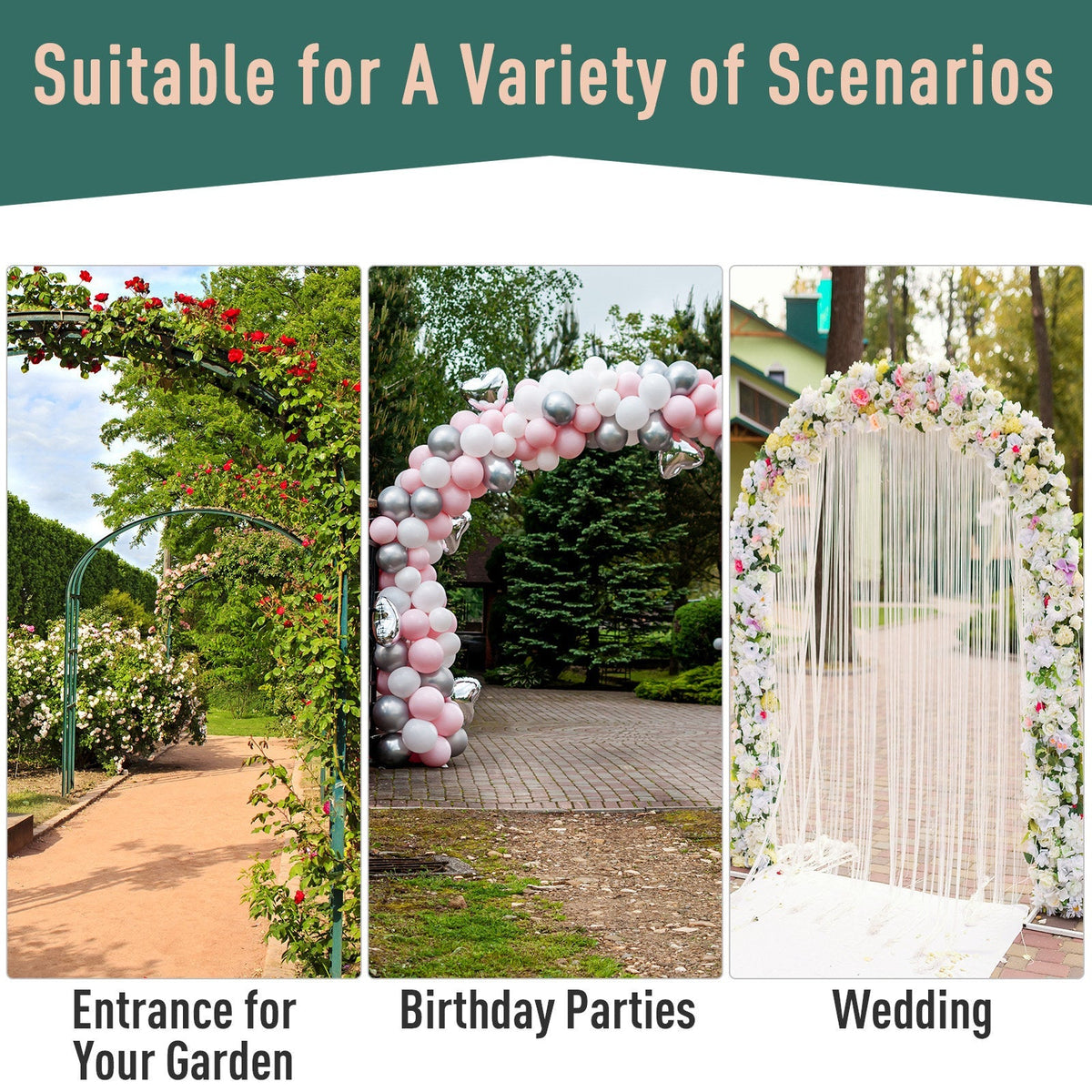 The garden arch shown in three different settings for garden entrances and event decorations