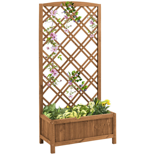 Outsunny Garden Planter with Trellis, a wooden raised bed with a diamond lattice trellis, adorned with climbing plants