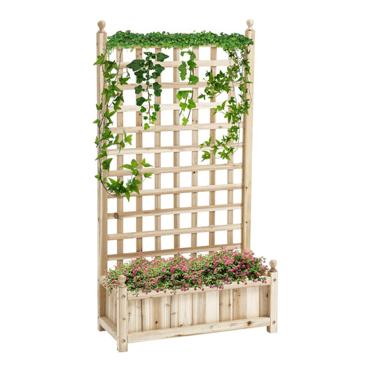 Outsunny Garden Planters with Trellis for Climbing Vines, a wooden planter box with a tall wooden lattice trellis behind it