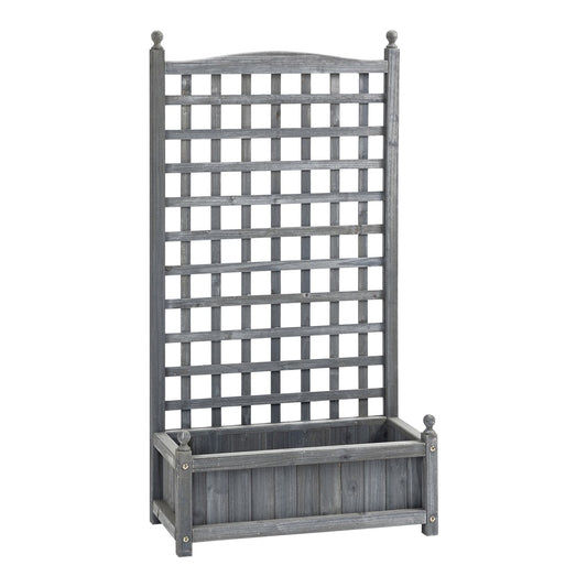 Outsunny Garden Planters with Trellis for Climbing Vines, a grey wooden planter with a tall trellis at the back