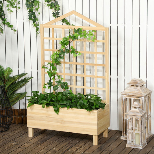 The wooden raised garden bed with trellis is shown in use with climbing plants and lanterns in a garden setting