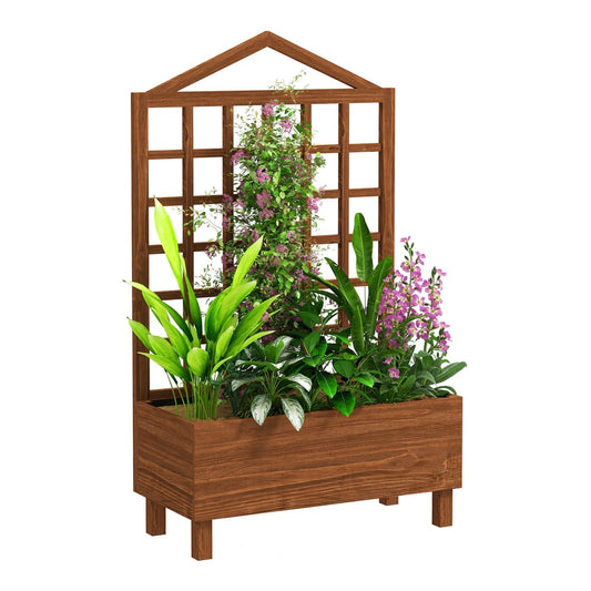Outsunny Garden Planters with Trellis for Vine Climbing filled with various green and pink plants